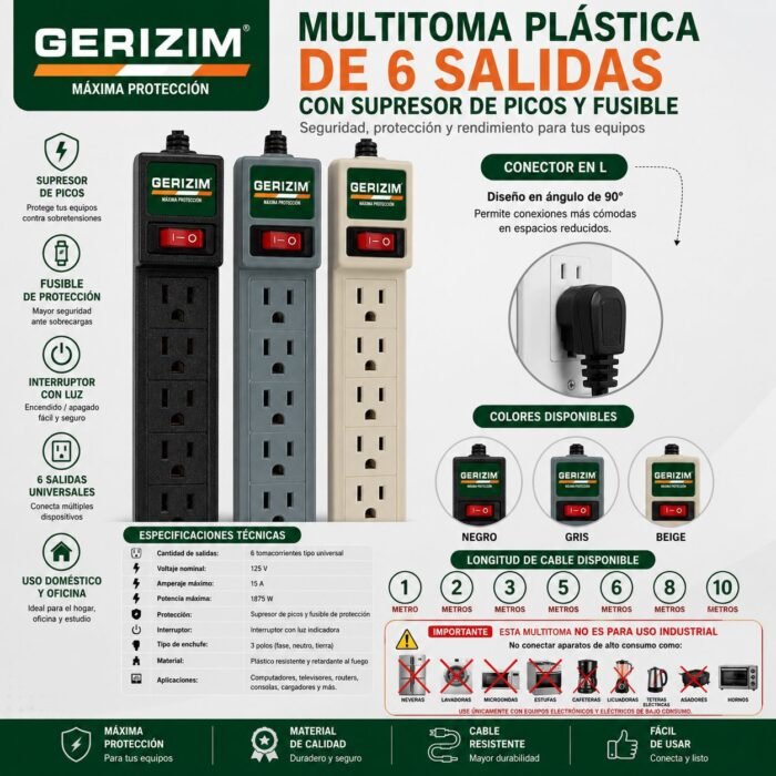 Multitoma Plástica de 6 Salidas con Supresor de Picos