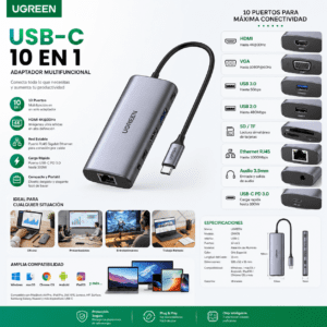 Adaptador UGREEN USB-C 10 en 1 Multifuncional HDMI VGA RJ45 USB SD TF PD 100W