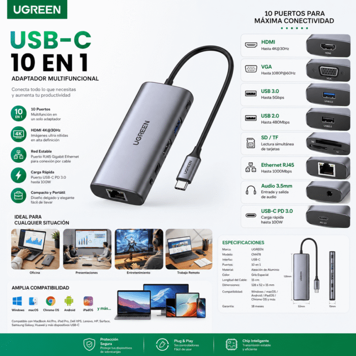 Adaptador UGREEN USB-C 10 en 1 Multifuncional HDMI VGA RJ45 USB SD TF PD 100W Adaptador UGREEN USB-C 10 en 1 Multifuncional HDMI VGA RJ45 USB SD TF PD 100W