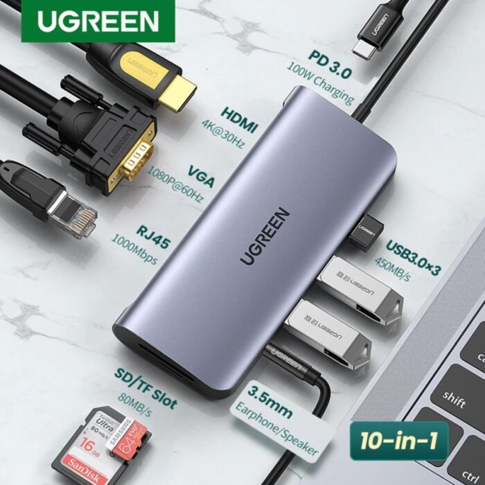 Adaptador UGREEN USB-C 10 en 1 Multifuncional HDMI VGA RJ45 USB SD TF PD 100W Adaptador UGREEN USB-C 10 en 1 Multifuncional HDMI VGA RJ45 USB SD TF PD 100W
