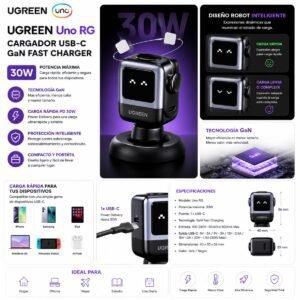 Cargador UGREEN Uno RG 30W USB-C PD GaN Fast Charger Robot Inteligente