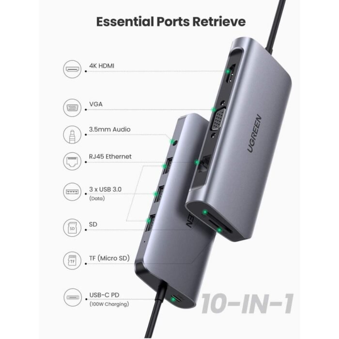 Adaptador UGREEN USB-C 10 en 1 Multifuncional HDMI VGA RJ45 USB SD TF PD 100W Adaptador UGREEN USB-C 10 en 1 Multifuncional HDMI VGA RJ45 USB SD TF PD 100W