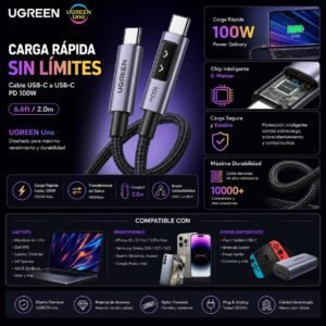 Cable UGREEN Uno USB C A USB C 100W PD Carga Rápida 2 Metros 5A Nylon Trenzado