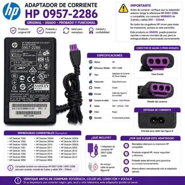 Adaptador De Corriente HP 0957-2286 Usado Conector Morado