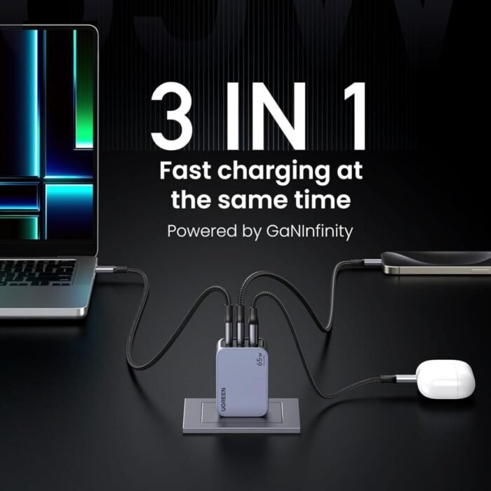 Cargador UGREEN Nexode Pro 65W GaN USB-C PD 3 Puertos Carga Rápida + Cable USB-C
