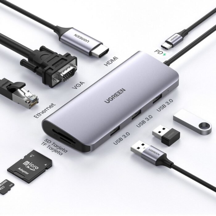 Adaptador UGREEN USB-C 10 en 1 Multifuncional HDMI VGA RJ45 USB SD TF PD 100W Adaptador UGREEN USB-C 10 en 1 Multifuncional HDMI VGA RJ45 USB SD TF PD 100W