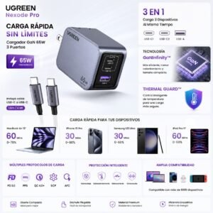Cargador UGREEN Nexode Pro 65W GaN USB-C PD 3 Puertos Carga Rápida + Cable USB-C