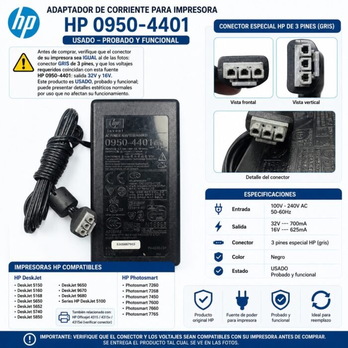 Cargador Fuente Poder HP 0950-4401 32V 16V Impresora DeskJet Usado