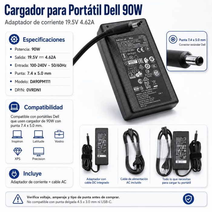 Cargador Dell 90W Original 19.5V 4.62A Punta 7.4x5.0mm Cargador Dell 90W Original 19.5V 4.62A Punta 7.4x5.0mm