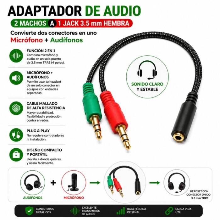 Adaptador Audio 2 Jack 3.5mm Macho a 1 Hembra TRRS Headset PC Laptop Nylon