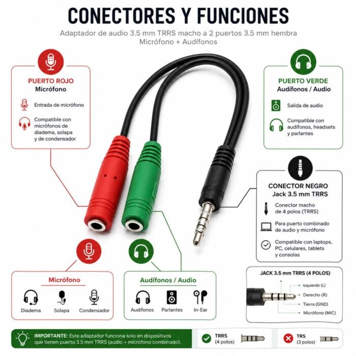 Adaptador de Audio 3.5 mm TRRS Macho a Micrófono y Audífonos 2 Hembras