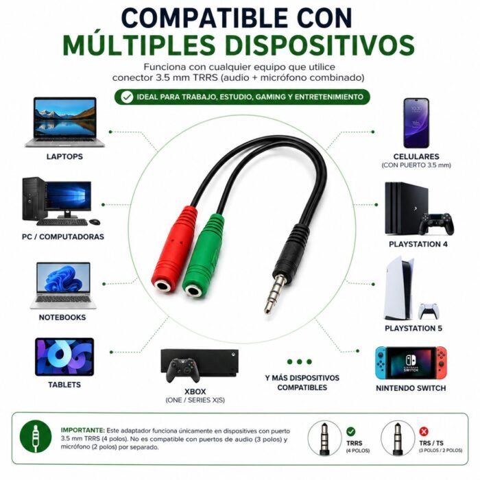 Adaptador de Audio 3.5 mm TRRS Macho a Micrófono y Audífonos 2 Hembras