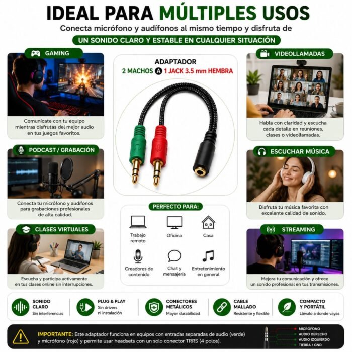 Adaptador Audio 2 Jack 3.5mm Macho a 1 Hembra TRRS Headset PC Laptop Nylon
