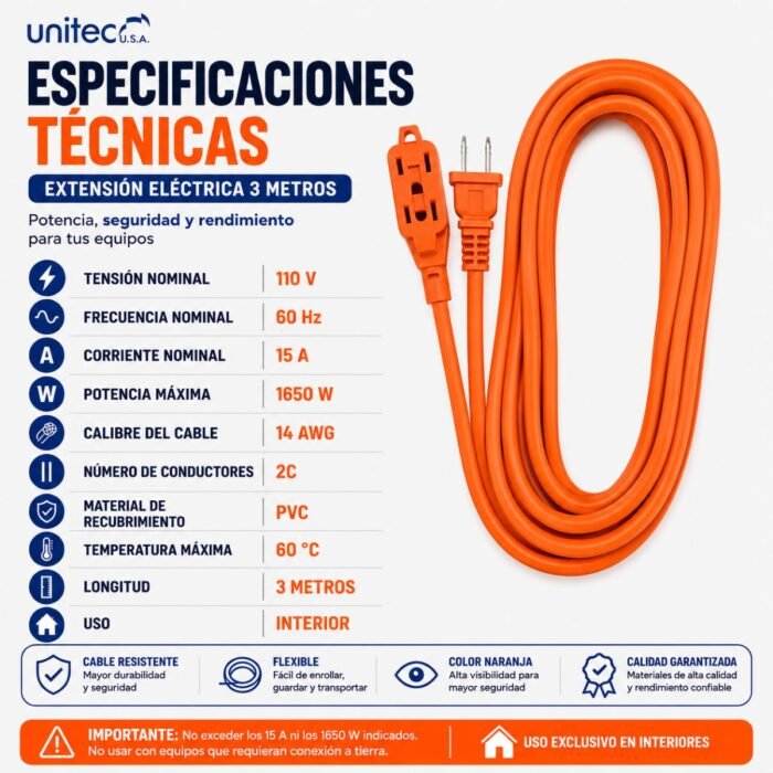Extensión Eléctrica Naranja Unitec 3 Metros 14 AWG 15A 1650W 3 Servicios
