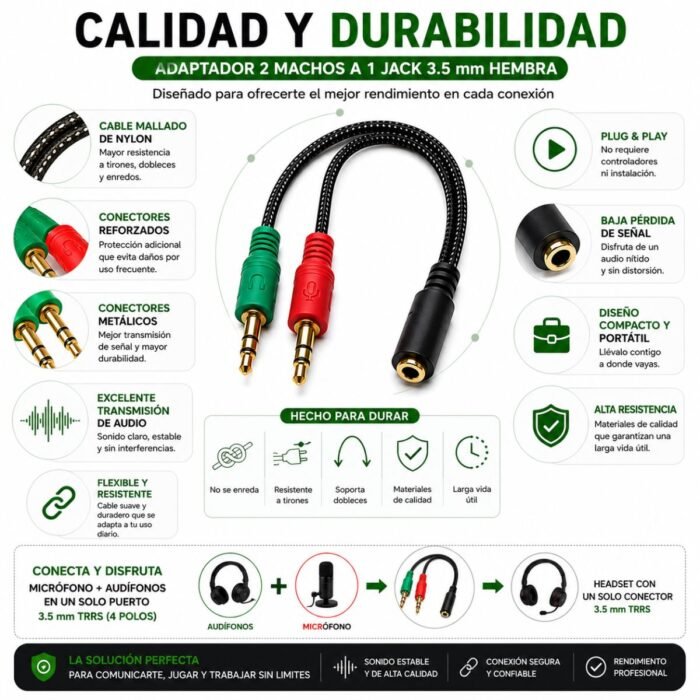 Adaptador Audio 2 Jack 3.5mm Macho a 1 Hembra TRRS Headset PC Laptop Nylon