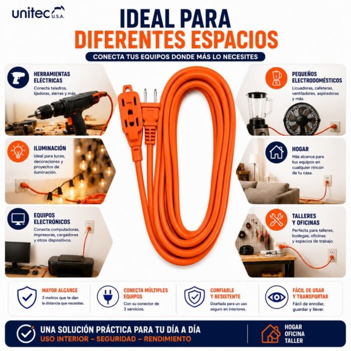 Extensión Eléctrica Naranja Unitec 3 Metros 14 AWG 15A 1650W 3 Servicios