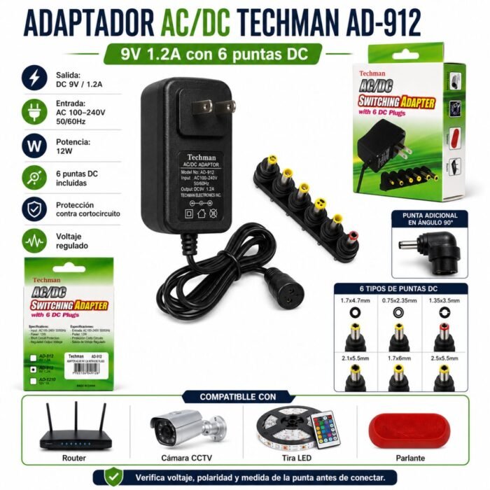 daptador de Corriente Techman AD-912 9V 1200mA con 6 Conectores