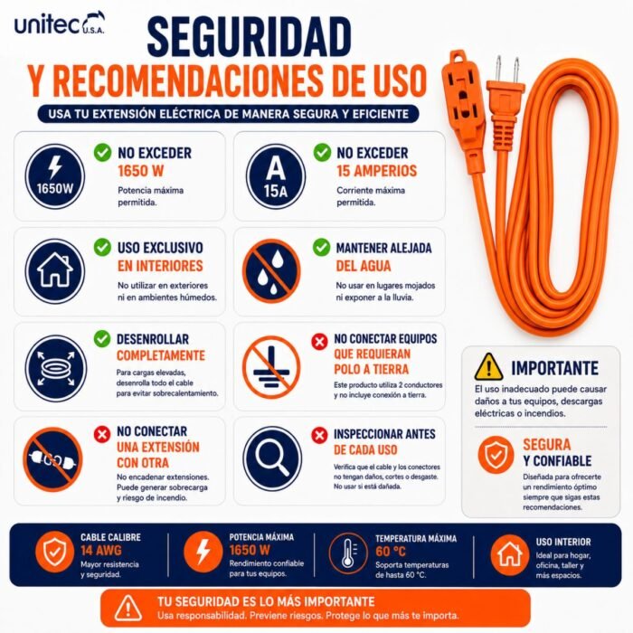 Extensión Eléctrica Naranja Unitec 3 Metros 14 AWG 15A 1650W 3 Servicios