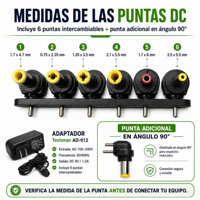 daptador de Corriente Techman AD-912 9V 1200mA con 6 Conectores