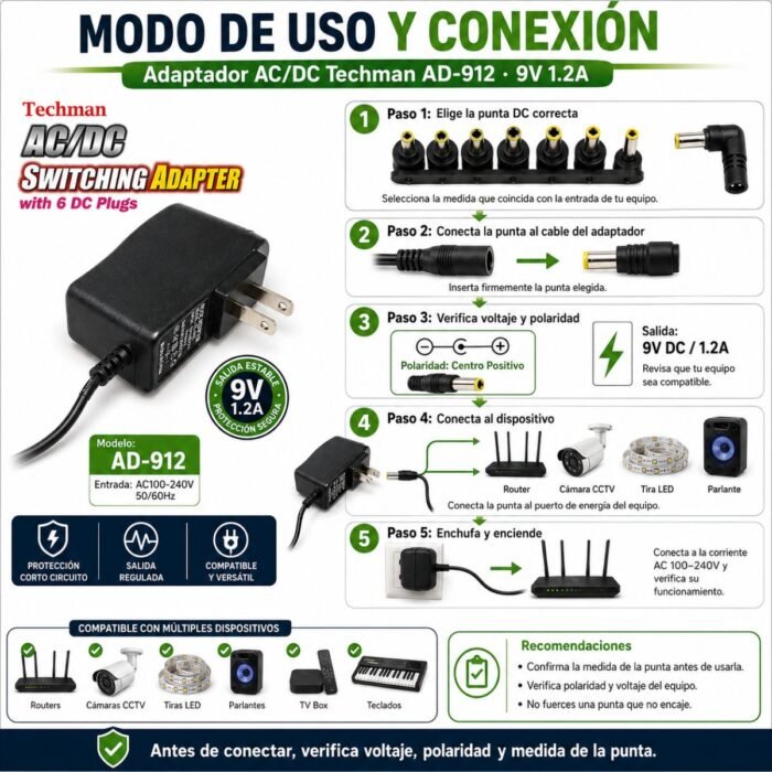 daptador de Corriente Techman AD-912 9V 1200mA con 6 Conectores