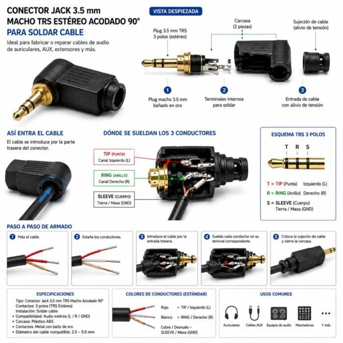 Conector Jack 3.5 mm Macho TRS Estéreo Acodado 90° para Soldar Cable