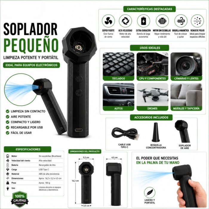 Mini Soplador de Aire Turbo Recargable con Linterna LED y Motor Brushless