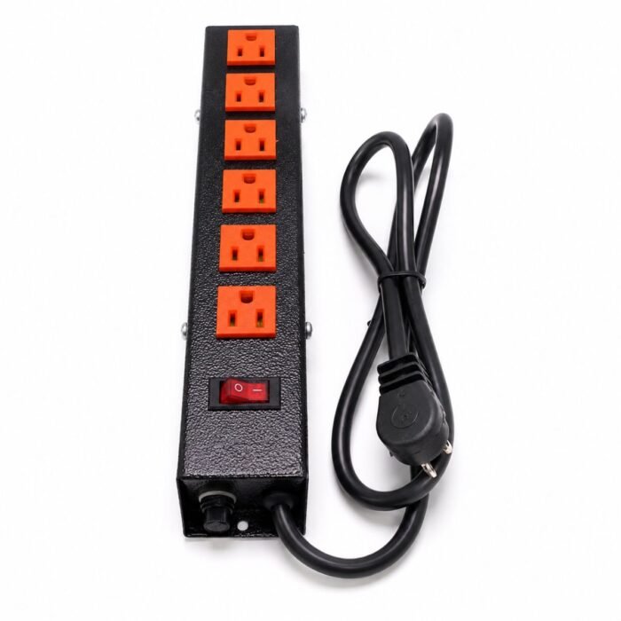 multitoma metálica regleta eléctrica multitoma 6 salidas regleta 6 tomas multitoma con switch multitoma con fusible extensión eléctrica multitoma negra tomas naranjas conexión a tierra multitoma para oficina multitoma para hogar multitoma para negocio