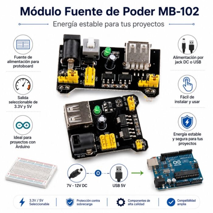 Módulo Fuente de Poder MB-102 3.3V / 5V para Protoboard Arduino