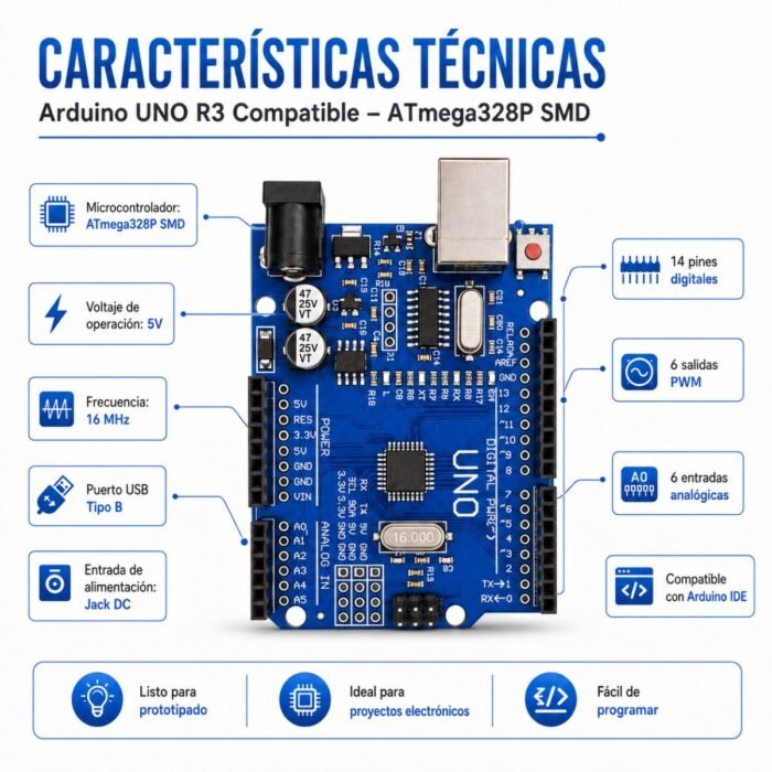 Arduino UNO R3 Compatible ATmega328P SMD con Cable USB y Pines