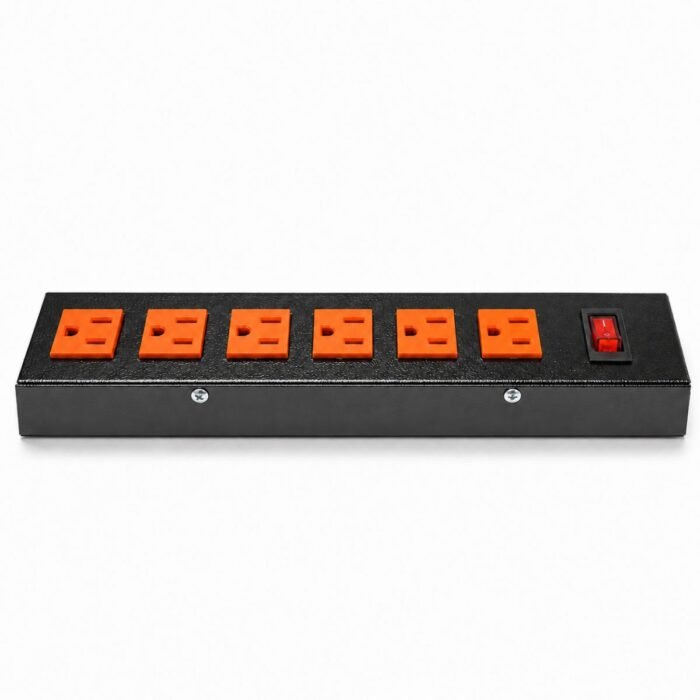 multitoma metálica regleta eléctrica multitoma 6 salidas regleta 6 tomas multitoma con switch multitoma con fusible extensión eléctrica multitoma negra tomas naranjas conexión a tierra multitoma para oficina multitoma para hogar multitoma para negocio