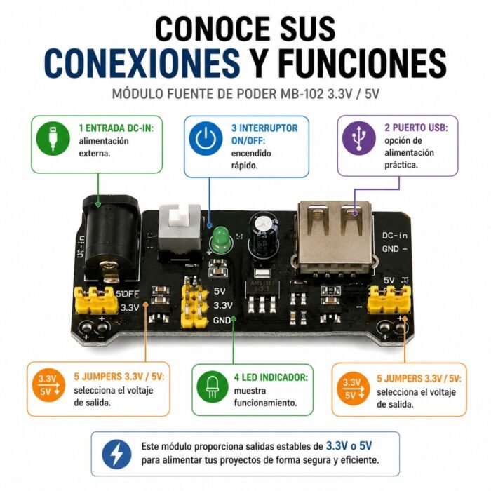 Módulo Fuente de Poder MB-102 3.3V / 5V para Protoboard Arduino