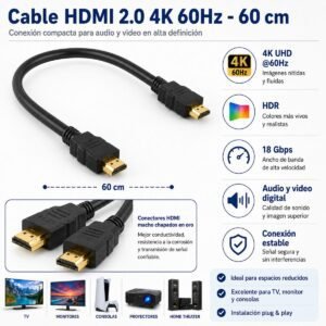 Cable HDMI 2.0 de 60cm 4K 60Hz HDR 18Gbps