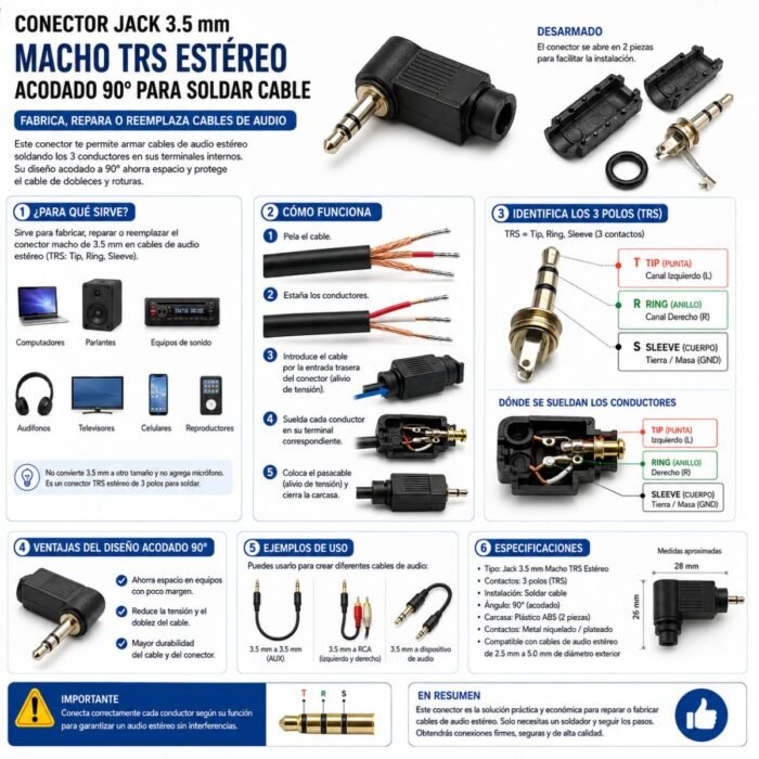 Conector Jack 3.5 mm Macho TRS Estéreo Acodado 90° para Soldar Cable