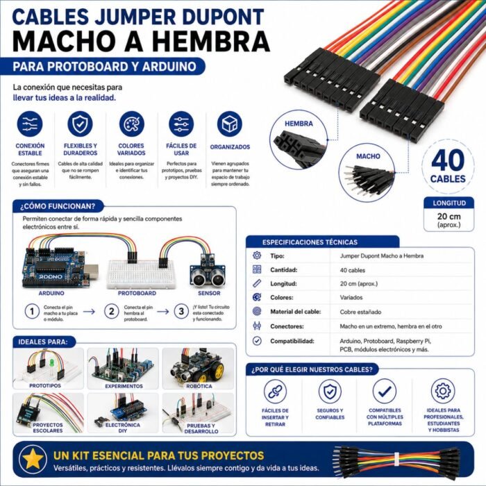 Cables Jumper Dupont Macho a Hembra para Protoboard y Arduino