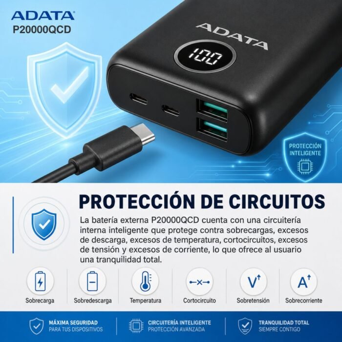 Power Bank ADATA P20000QCD 20000mAh 18W USB-C PD 3.0 y QC 3.0