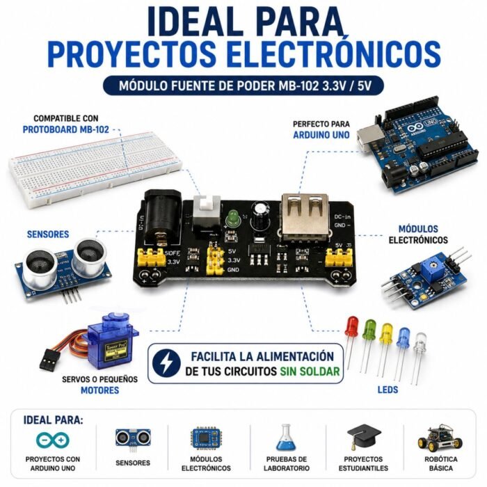 Módulo Fuente de Poder MB-102 3.3V / 5V para Protoboard Arduino