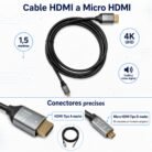 Cable HDMI Tipo A macho a Micro HDMI Tipo D macho de 1,5 metros.