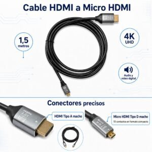 Cable HDMI Tipo A macho a Micro HDMI Tipo D macho de 1,5 metros.