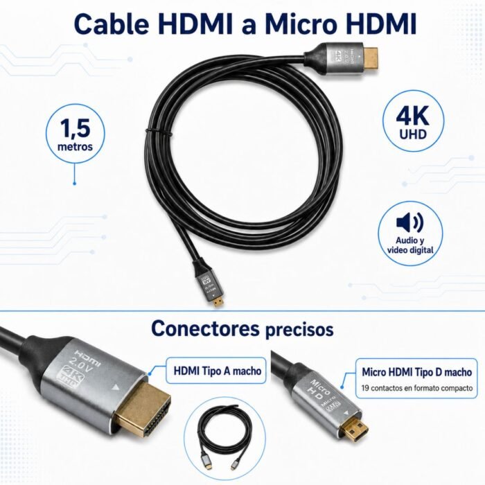 Cable HDMI Tipo A macho a Micro HDMI Tipo D macho de 1,5 metros.
