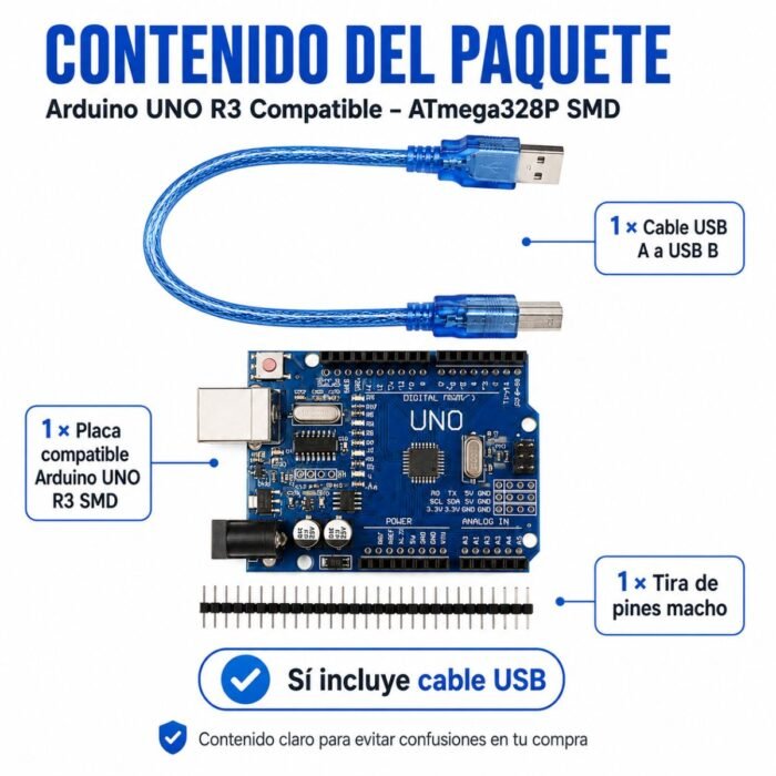 Arduino UNO R3 Compatible ATmega328P SMD con Cable USB y Pines