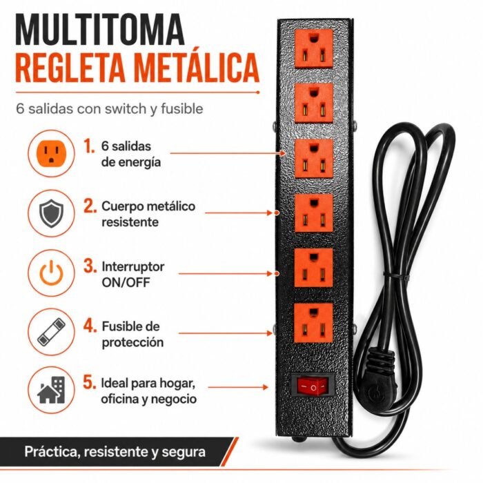 multitoma metálica regleta eléctrica multitoma 6 salidas regleta 6 tomas multitoma con switch multitoma con fusible extensión eléctrica multitoma negra tomas naranjas conexión a tierra multitoma para oficina multitoma para hogar multitoma para negocio