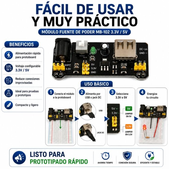 Módulo Fuente de Poder MB-102 3.3V / 5V para Protoboard Arduino