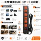 multitoma metálica regleta eléctrica multitoma 6 salidas regleta 6 tomas multitoma con switch multitoma con fusible extensión eléctrica multitoma negra tomas naranjas conexión a tierra multitoma para oficina multitoma para hogar multitoma para negocio