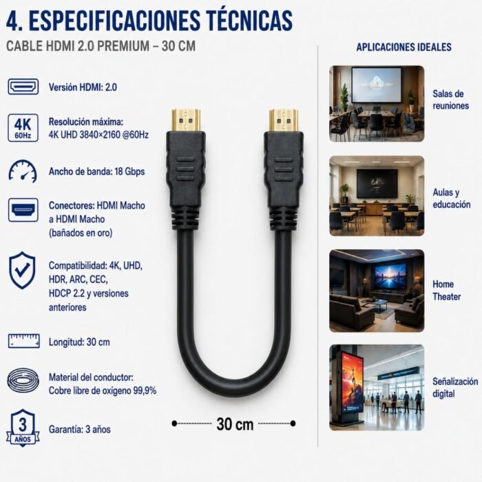 Cable HDMI 2.0 de 30 cm 4K UHD 60 Hz HDR 18 Gbps