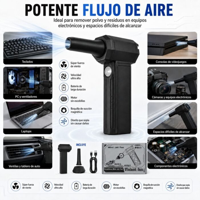 Mini Soplador de Aire Turbo Recargable con Linterna LED y Motor Brushless