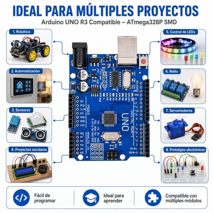 Arduino UNO R3 Compatible ATmega328P SMD con Cable USB y Pines
