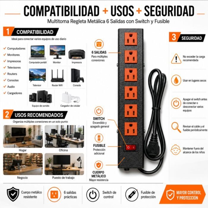 multitoma metálica regleta eléctrica multitoma 6 salidas regleta 6 tomas multitoma con switch multitoma con fusible extensión eléctrica multitoma negra tomas naranjas conexión a tierra multitoma para oficina multitoma para hogar multitoma para negocio