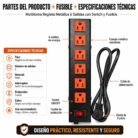 multitoma metálica regleta eléctrica multitoma 6 salidas regleta 6 tomas multitoma con switch multitoma con fusible extensión eléctrica multitoma negra tomas naranjas conexión a tierra multitoma para oficina multitoma para hogar multitoma para negocio