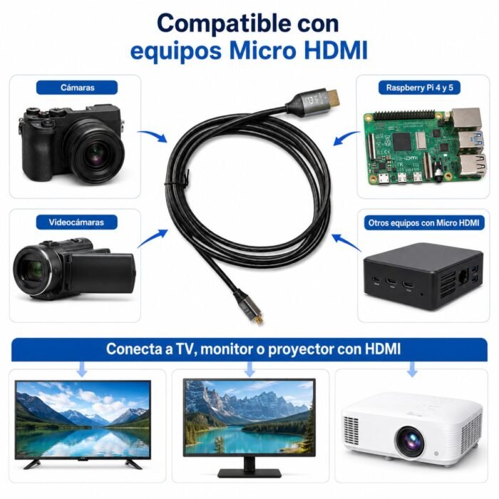 Cable HDMI Tipo A macho a Micro HDMI Tipo D macho de 1,5 metros.
