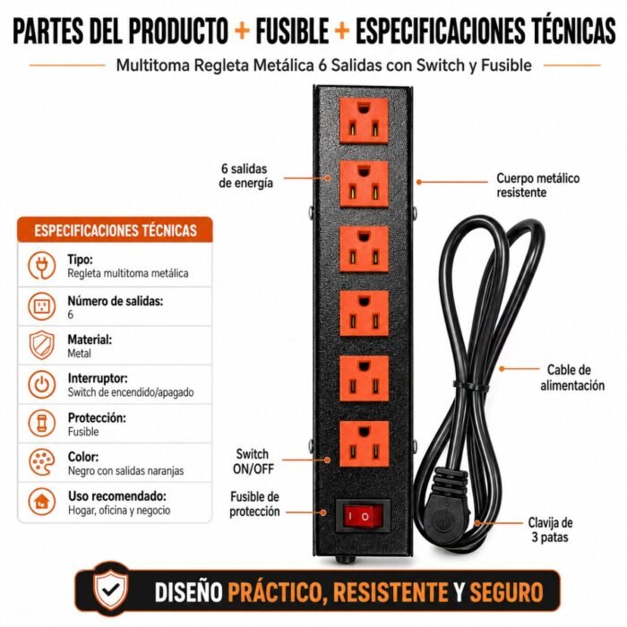 multitoma metálica regleta eléctrica multitoma 6 salidas regleta 6 tomas multitoma con switch multitoma con fusible extensión eléctrica multitoma negra tomas naranjas conexión a tierra multitoma para oficina multitoma para hogar multitoma para negocio